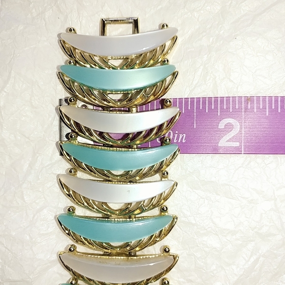 THERMOSET LUCITE AQUA BLUE & WHITE BRACELET - VINTAGE MID-CENTURY - Picture 5 of 8